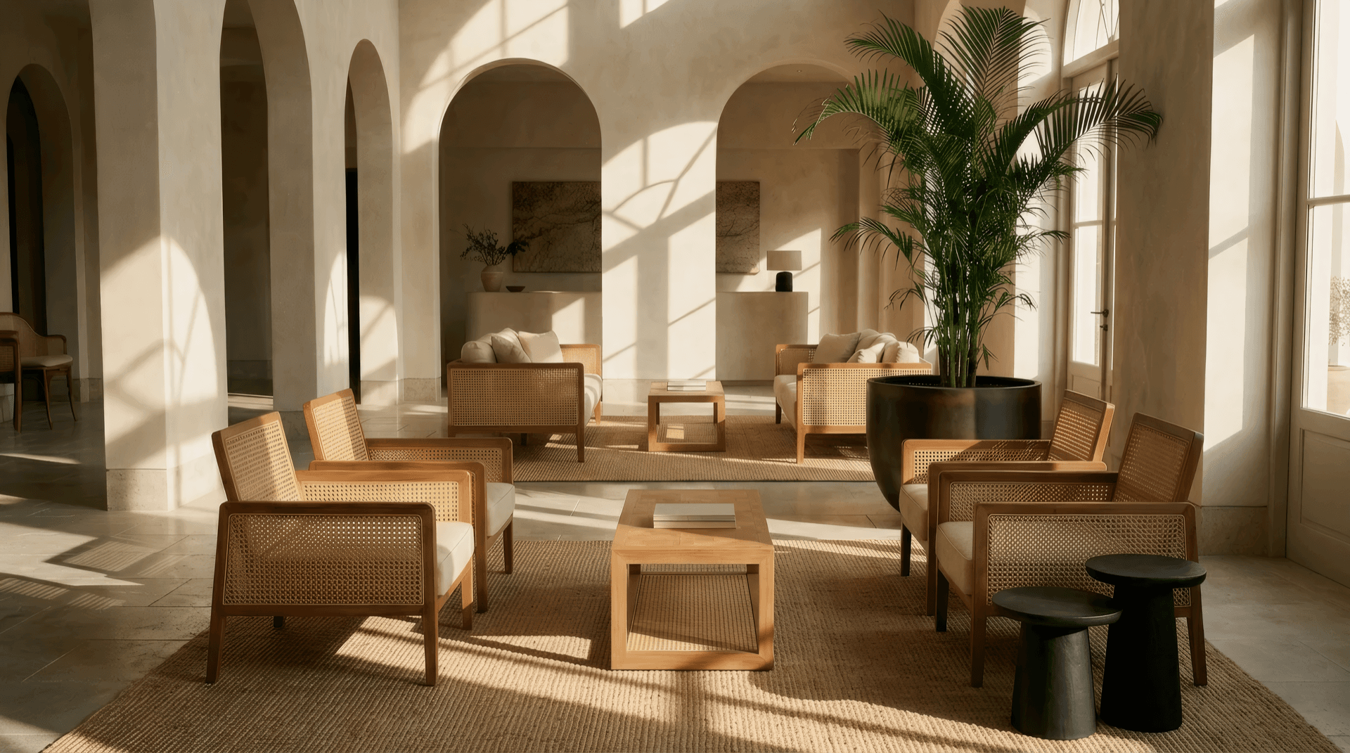 Hotel lobby interior with teak and timber furniture for hospitality FF&E procurement